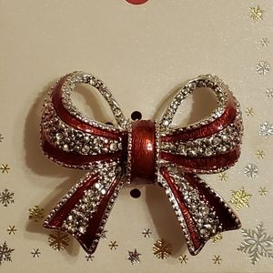 Happy Holidays Red Enamel Silver Bow Pin Brooch